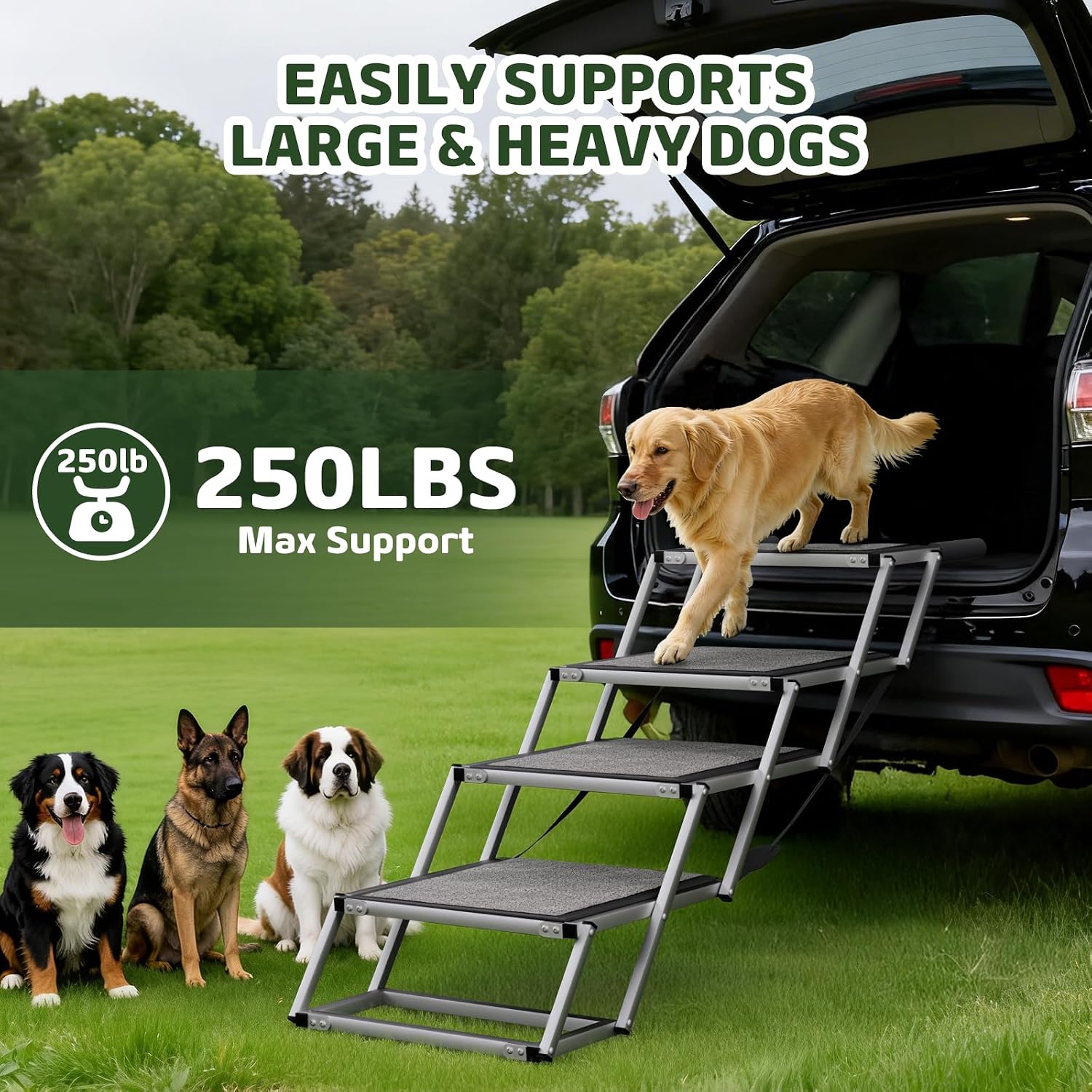 Dog Stairs for Large Dogs, 𝟐𝟎'' 𝐄𝐱𝐭𝐫𝐚 𝐖𝐢𝐝𝐞 Foldable Dog Ramp for Car, SUV & Truck, Non-Slip DogSteps for High Beds, 4-Step Aluminum Frame, Supports up to 250 lbs