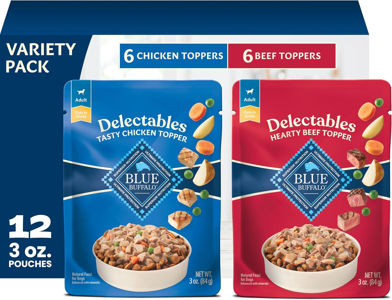 Blue Buffalo Delectables Variety Pack Dog Food Topper, 3 oz, 12 ct | Grain-Free, Chicken & Beef Recipes, Real Meat Cuts in Gravy, Single-Serve Pouches