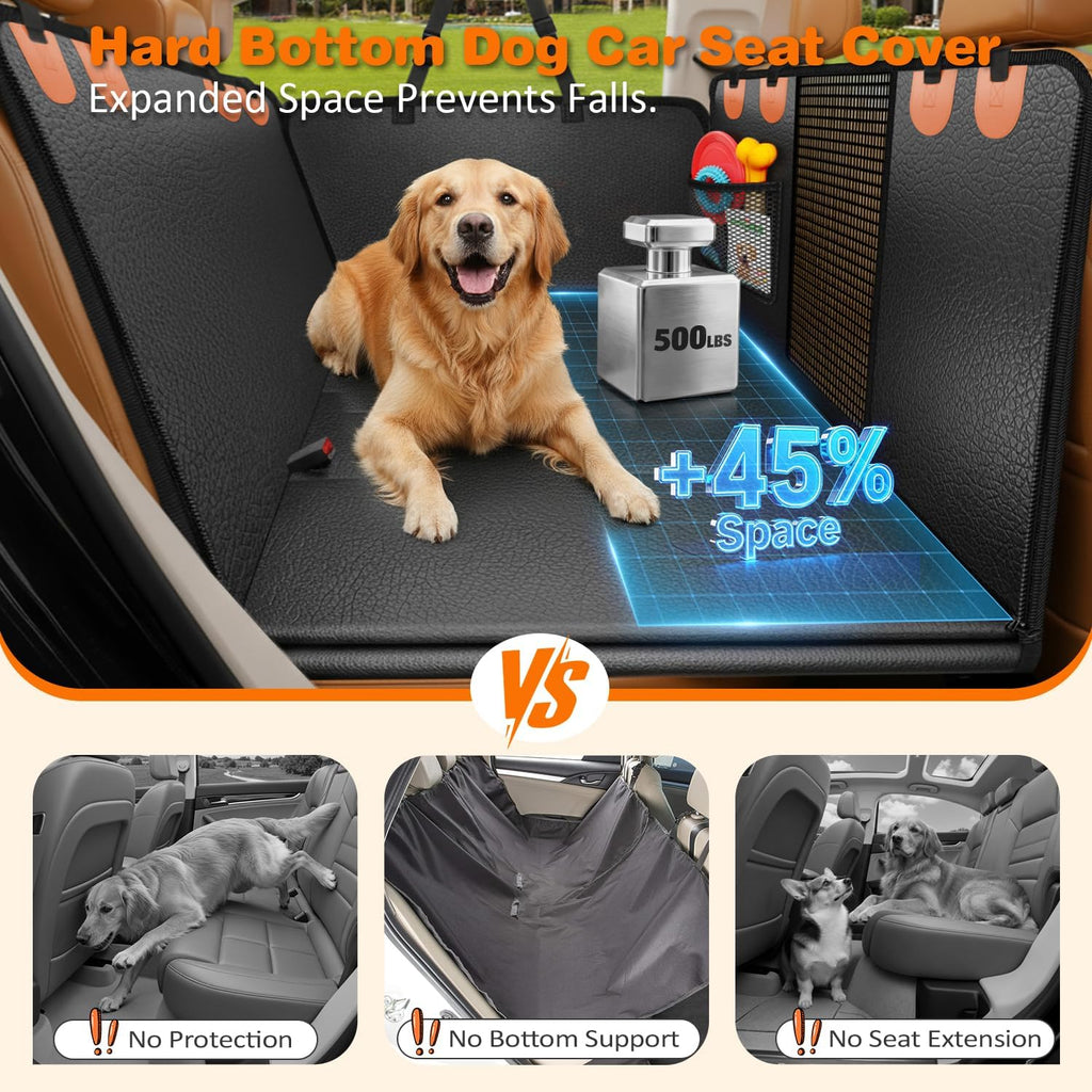 URPOWER PU Leather Hard Bottom Dog Car Seat Cover, Back Seat Extender | 500 lbs Support, 45% More Space, Waterproof, Scratch Resistant, Non-Slip, Mesh Window, Easy Care, Dog Seat Belt Included