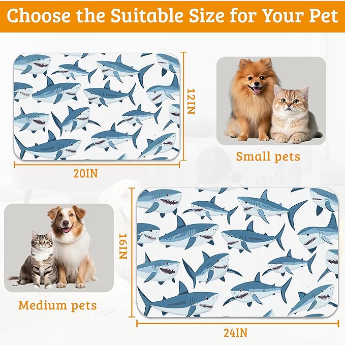 Shark Dog Food Mat,Wild Fish Absorbent Pet Feeding Mat for Food and Water Bowl,Quick Dry Dog Placemat Non Slip Rubber Backing Waterproof Pet Supplies 16" x 24"