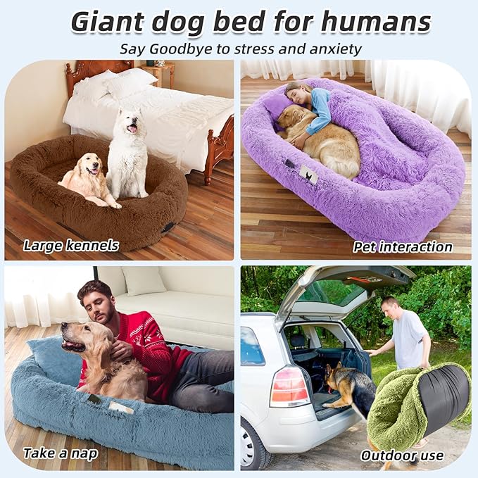 Human Dog Bed, 71''x45''x12'' Size Fits You and Pets, Washable Faux Fur Pet Bed for People Doze Off, Napping Orthopedic Dog Bed, Present Plump Pillow, Blanket, Strap - Rainbow