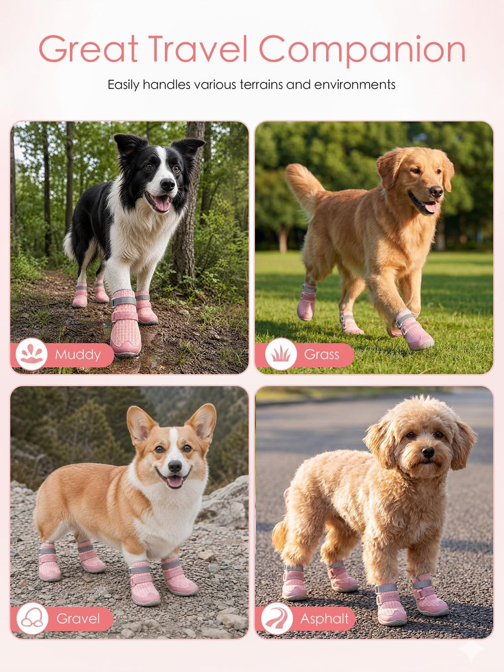 BECEMURU Dog Shoes for Summer, Double-Straps Anti-Slip Dog Boots & Paw Protectors for Hot Pavement, Breathable & Light Weight Outdoor Walking Hiking Pink Size 1