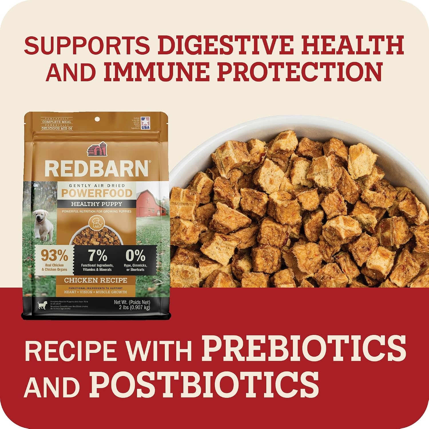 Redbarn Powerfood Air Dried Puppy Food 2 lbs - 93% Real Chicken & Organs High Protein Dry Recipe for Healthy Growth Development Immunity & Digestive Health