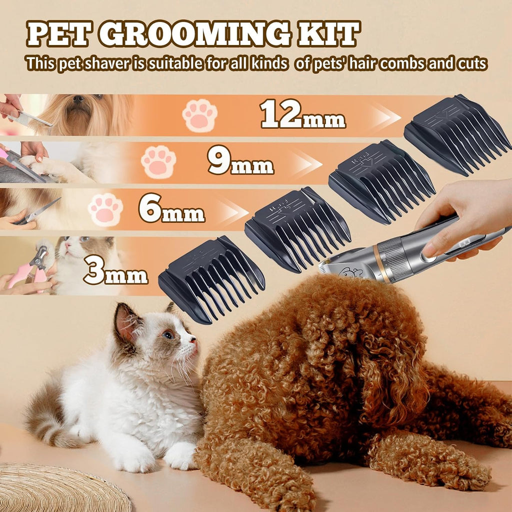 Dog Clippers Grooming Kit for Heavy Thick Coats Dog Cat Pet | Low Noise, Rechargeable Cordless, Long Battery, LCD Display, Simple for Beginners, 4 Guide Combs, IPX7 Waterproof, Detachable