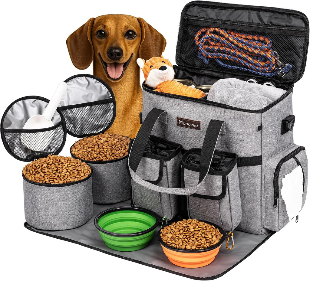 Dog Travel Bag, Airline Approved Pet Travel Bag with 2 Dog Treat Training Pouches for Weekend Pet Travel Supplies & Accessories, Light Grey | Dog travel accessories set with feeding supplies, bowls, mat, and strap. Ideal for weekend trips.