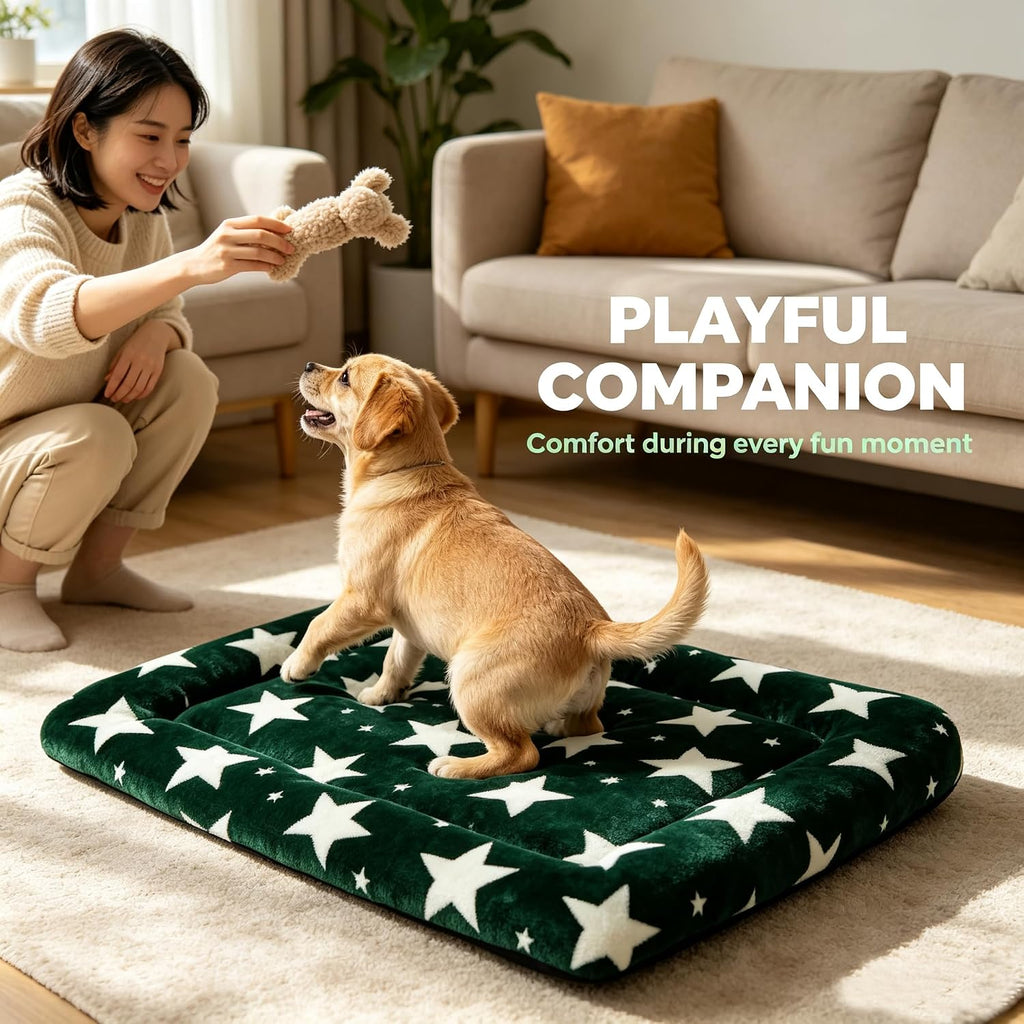 Dog Bed Mat,Reversible & Ultra Soft Kennel Pad-Machine Washable Pet Bed for Dogs & Cats-All-Weather Crate Liner for Crates,Carriers & Travel (Big Star&Green, 24.0" L x 18.0" W x 1.5" Th)