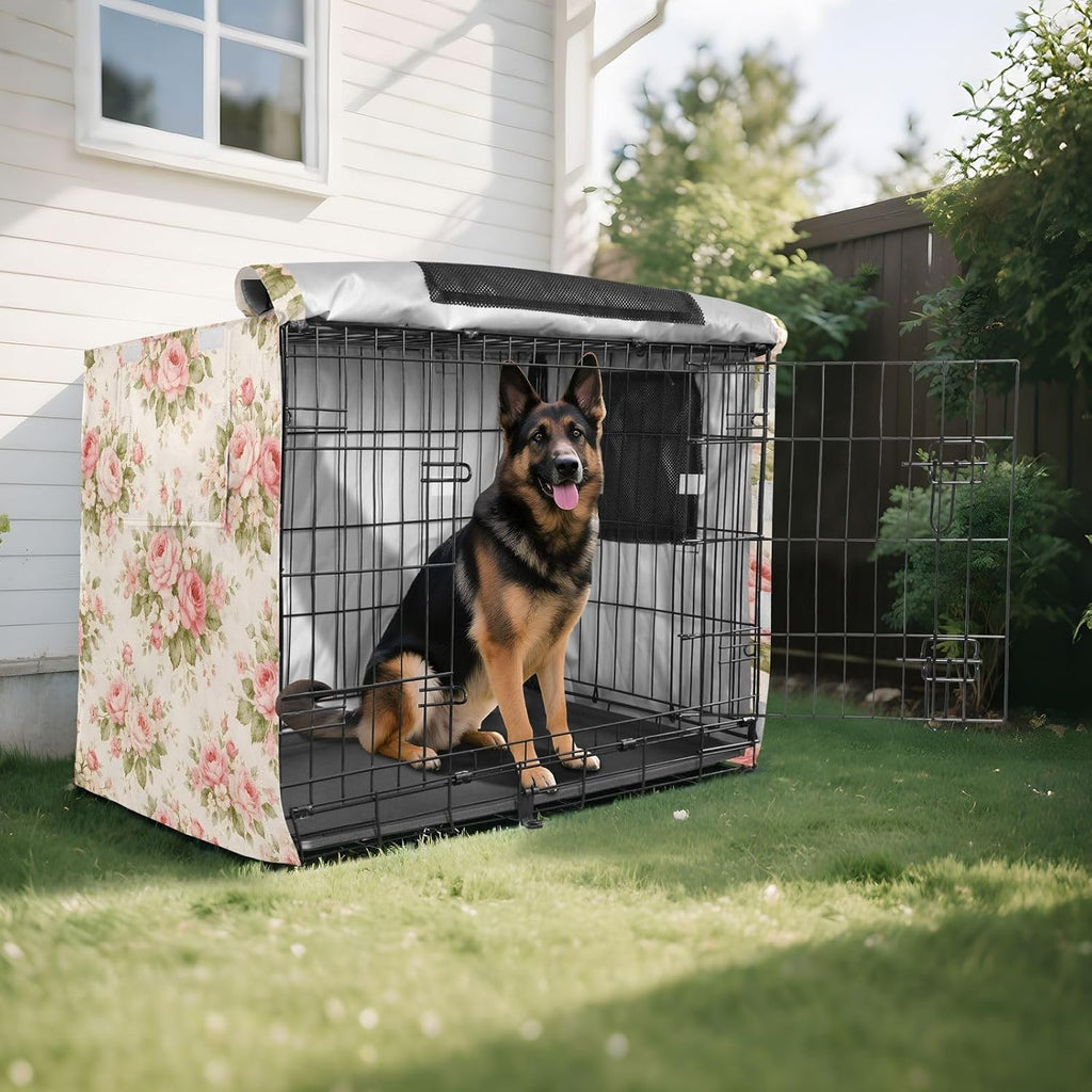 Shabby Chic Flowers Dog Crate Cover 600D Oxford Heavy Duty Kennel Cover Mesh Window Soundproof Waterproof Sunshade Universal Fit for 48 inches Wire Cage