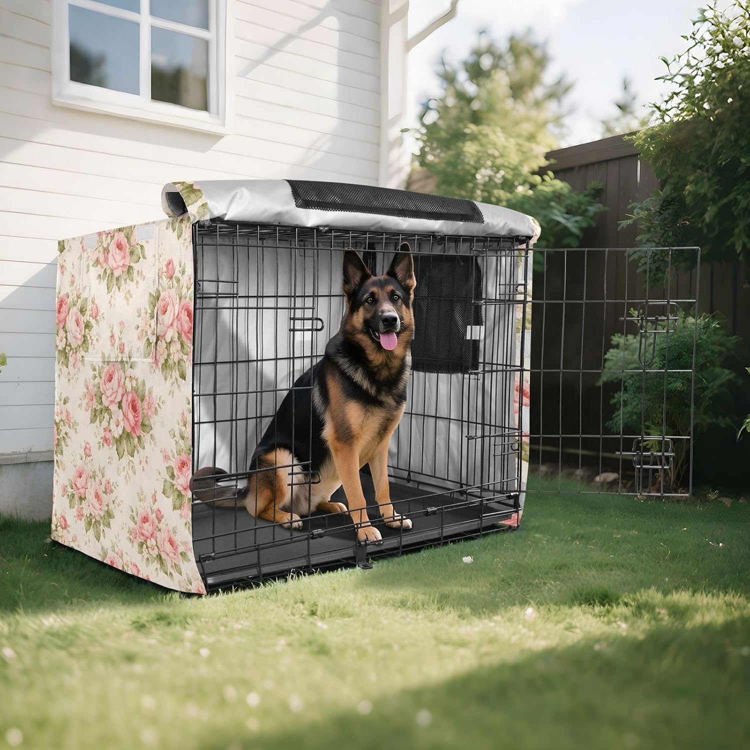 Shabby Chic Flowers Dog Crate Cover 600D Oxford Heavy Duty Kennel Cover Mesh Window Soundproof Waterproof Sunshade Universal Fit for 48 inches Wire Cage