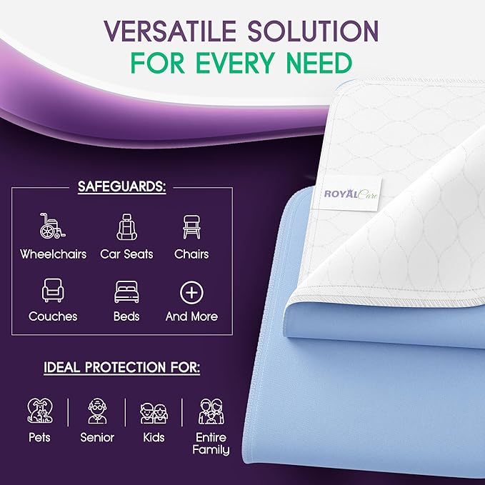 Incontinence Bed Pads - 2 Pack 34"x 52" Reusable Waterproof Mattress Protectors - Highly Absorbent, Machine Washable - for Children, Pets and Seniors - Blue - Royal Care