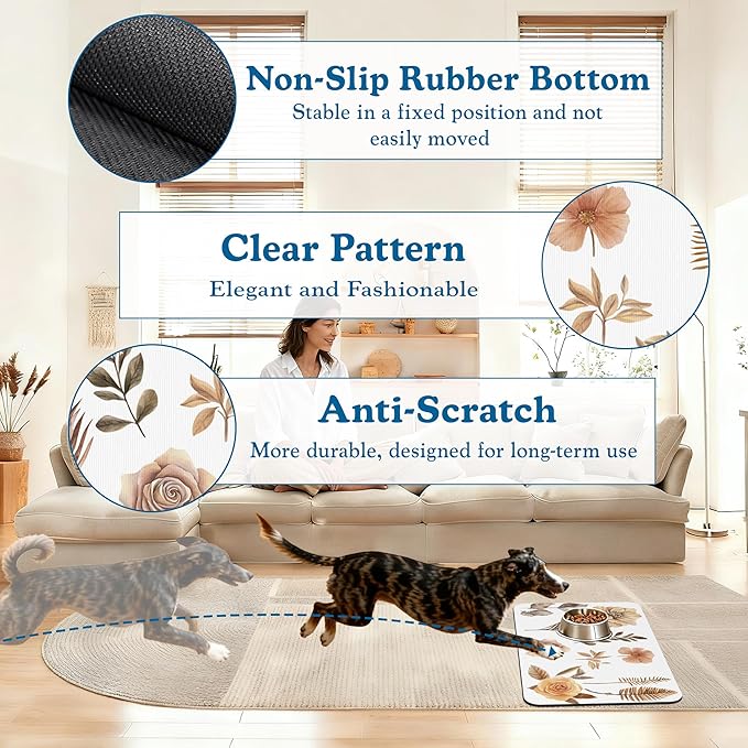 Floral Palm Leaves Dog Cat Food Mat–Christmas Stocking Absorbent Waterproof Placemat for Food and Water Bowls, Non Slip Rubber Backing, Feeding Mat for Clean Floors 16"x24"