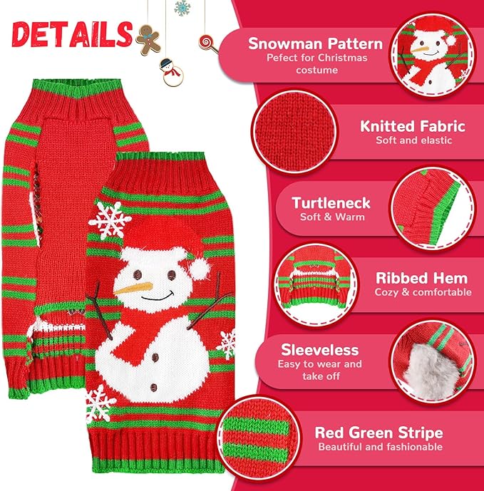 Dog Christmas Sweater Cute Snowman Puppy Cat Costume Boy Girls Xmas Holiday Pet Clothes New Year Outfits Gifts for Small Medium Large Dogs (L, Red Green Stripe Snowman)