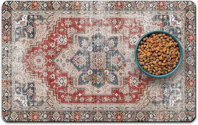 Dog Food Mats for Floors, Absorbent and Quick-Drying Pet Cat Food Mat,Anti-Fouling and Easy-to-Clean Pet Feeding Mat,Dog Bowl Mat for Messy Drinking Water Bowls.17 x32, Bohemia Style