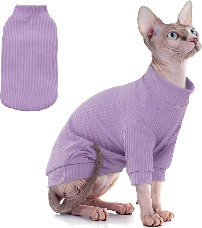 PUMYPOREITY Cat Clothes: Stretchy Cat Shirt & Sweater with Sleeves for Sphynx, Devon Rex & More - Purple