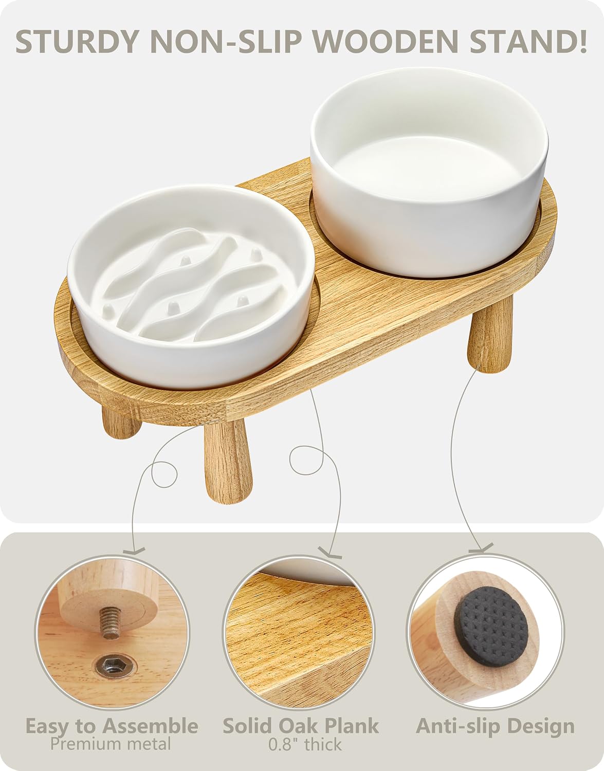 Ceramic Slow Feeder and Water Bowl Set for Small Dogs, 0.6 Cups Dog Slow Feeder(14oz) and 30oz Water Bowl Set, 6in, White