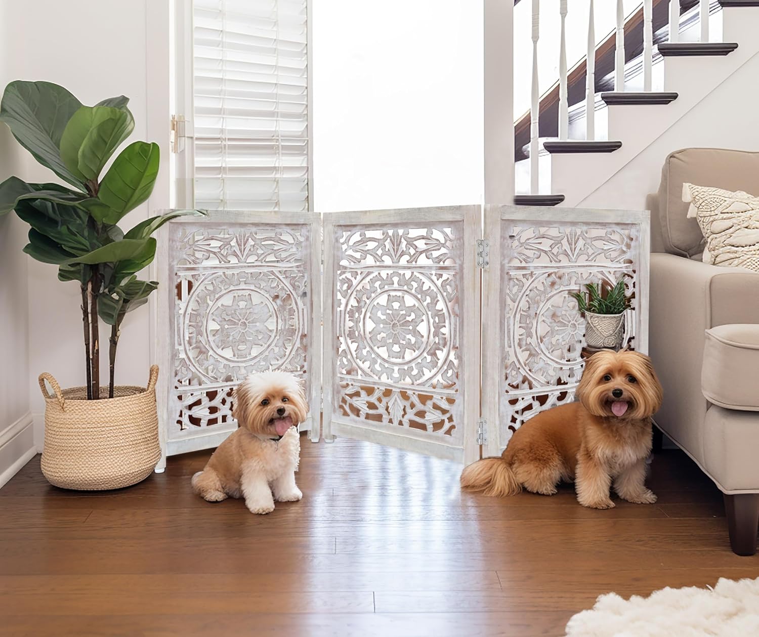 Croft&Cane Wooden Foldable Pet Dog Gate - Hand Carved 3-Panel 60 W x 24 H | Suzani White Wash Freestanding Portable Puppy Dog Fence - Solid Wood & MDF Indoor Doorway Hallway Stairs Safety Barrier