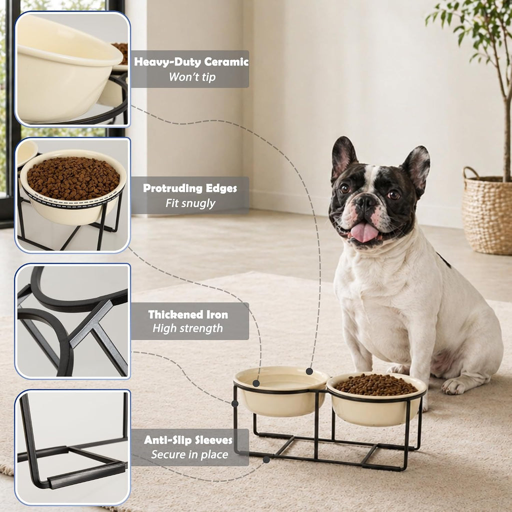 Elevated Ceramic Dog Bowl Set - Double Dishes with Non-Slip Iron Stand - Raised Feeding Station for Food & Water - Ideal for Small and Medium Dogs - 2 × 720ml Capacity - Beige - 15 cm Height