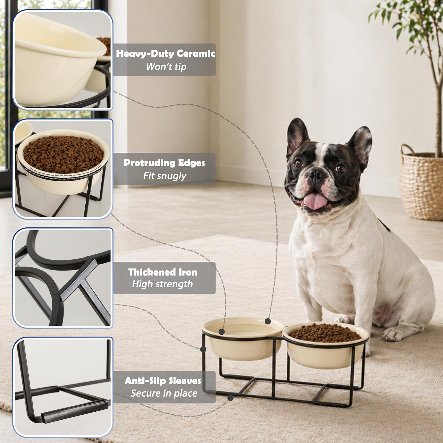 Elevated Ceramic Dog Bowl Set - Double Dishes with Non-Slip Iron Stand - Raised Feeding Station for Food & Water - Ideal for Small and Medium Dogs - 2 × 720ml Capacity - Beige - 15 cm Height