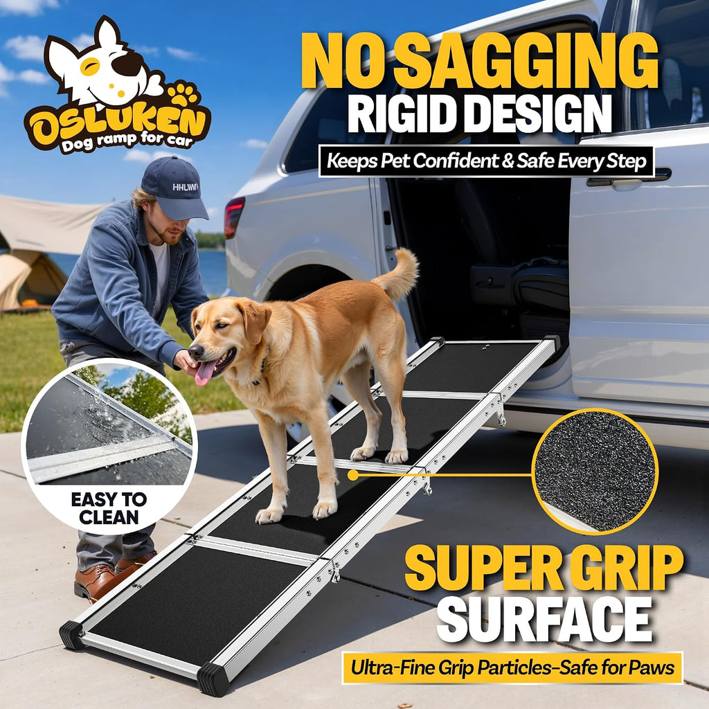 71" Aluminum Alloy Dog Ramp for Car SUV Truck Side Door, Foldable Outdoor Pet Ramp with Adjustable Support Head, Non-Slip Traction Surface, Sturdy Ramp for Large Dogs Up to 200 LBS (4 Folded)