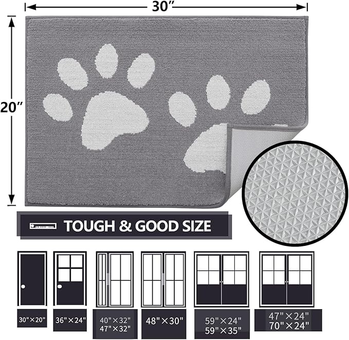 Buganda Dog Door Mat for Muddy Paws, Absorbent Dirt Trapper Washable Indoor Doormats, Non Slip Low-Profile Mud Mat for Dogs, Front Entrance Doormat for Inside Floor (47x32 Inches, Light Grey)