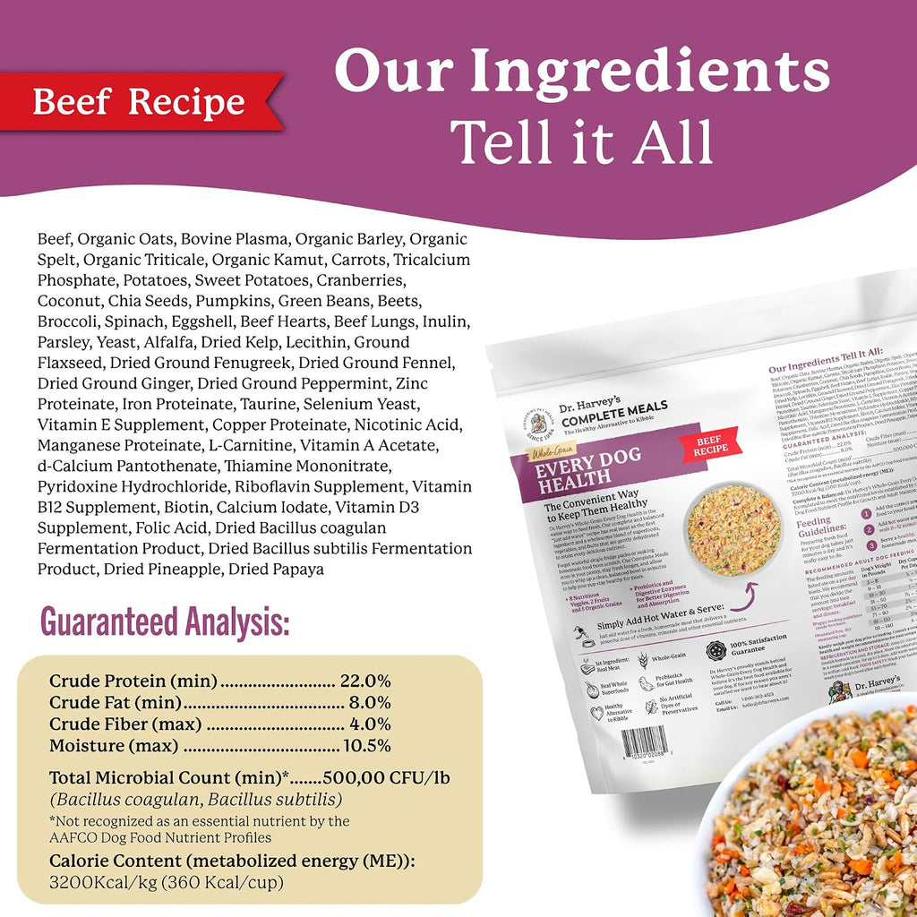 Dr. Harvey's Every Dog Health, Meal with Dehydrated Beef (5 lb) | Complete & Balanced - Organic Whole Grains, Vegetables & Probiotics - Makes 20 Lb of Food