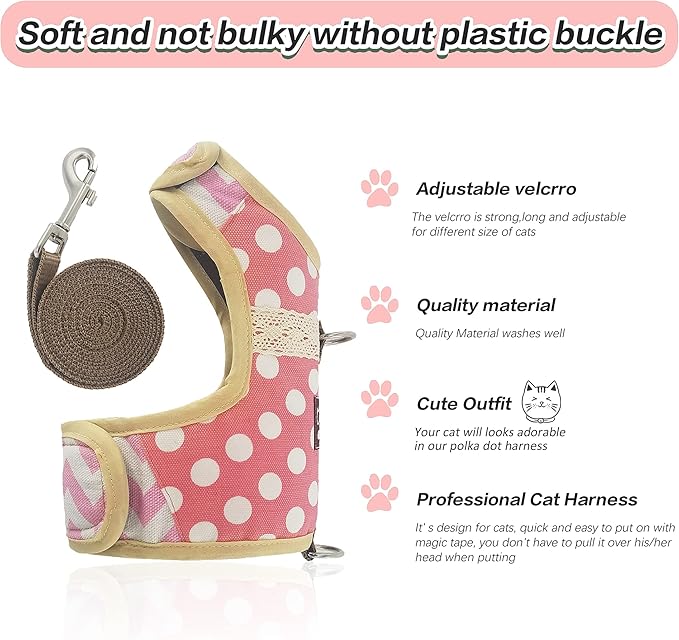 Cat Harness and Leash for Walking Escape Proof, Adjustable Cat Vest Harness, Padded Stylish Cat Walking Jackets, Polka Dot Pink, XX-Large
