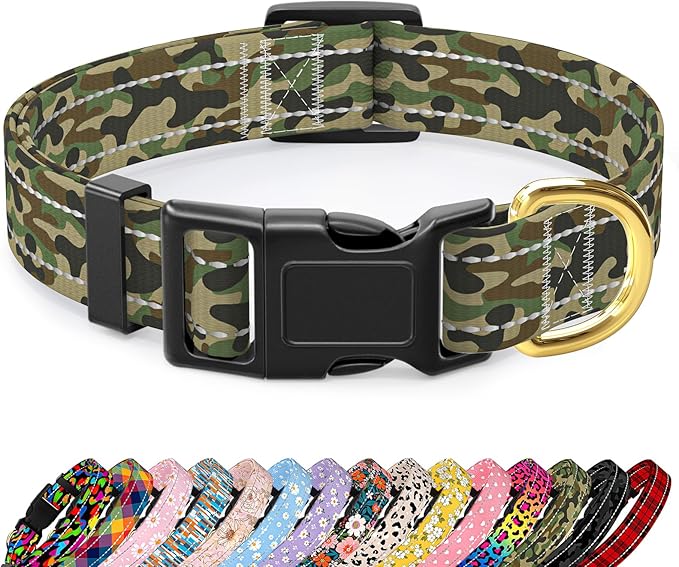 MOODEL Reflective Dog Collar for Medium Dogs, Cute Camouflage Adjustable Heavy-Duty Nylon Puppy Collar for Boy and Girl Female, Soft Pet Accessories with Quick Release Buckle, Green