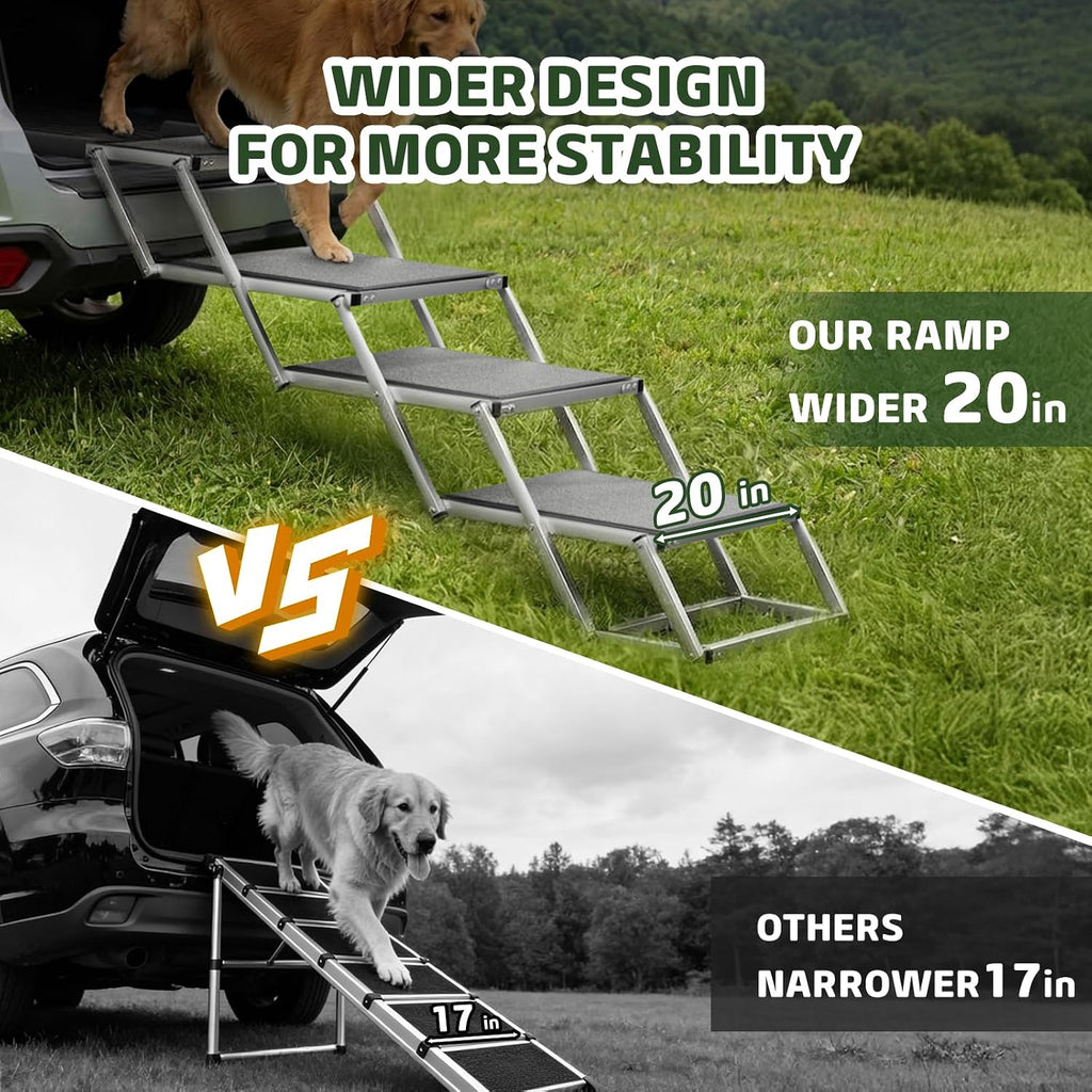 Dog Stairs for Large Dogs, 𝟐𝟎'' 𝐄𝐱𝐭𝐫𝐚 𝐖𝐢𝐝𝐞 Foldable Dog Ramp for Car, SUV & Truck, Non-Slip DogSteps for High Beds, 4-Step Aluminum Frame, Supports up to 250 lbs