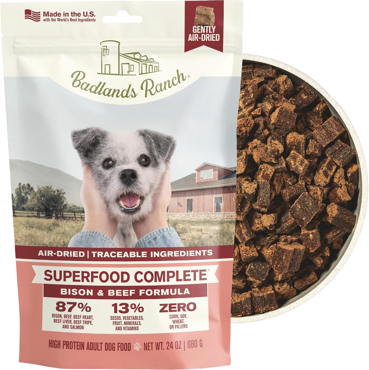 BADLANDS RANCH Superfood Air-Dried Beef & Bison Dog Food, 24 oz | premium quality air-dried beef and bison, no corn, wheat, soy or fillers, kibble alternative