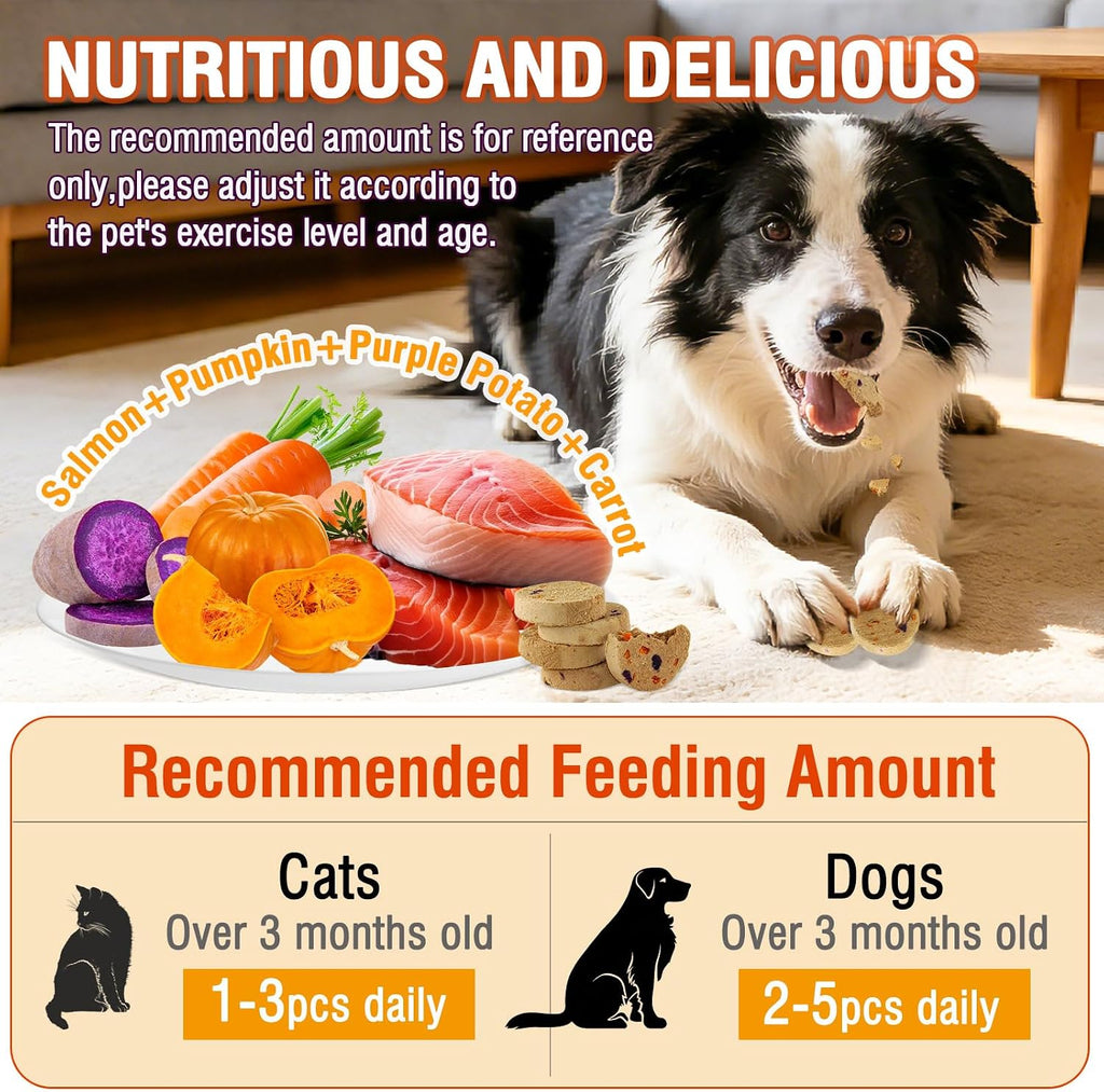 100g/3.52oz Dehydrated Salmon&Veggie Treats for Cats and Dogs,Includes Pumpkin,Purple Potato and Carrot,All Natural and Delicious Snack Bites for Pets,Perfect for Training and Rewarding