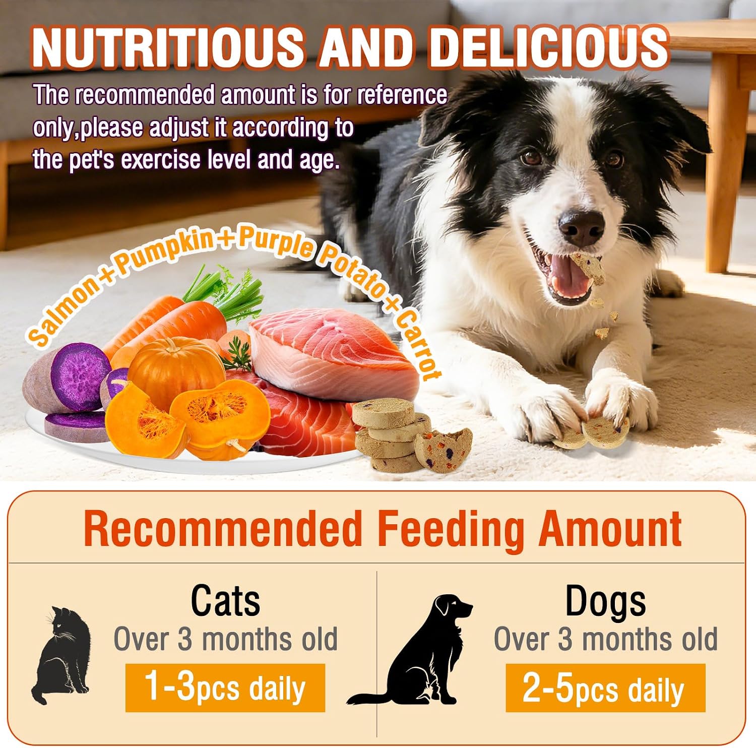 100g/3.52oz Dehydrated Salmon&Veggie Treats for Cats and Dogs,Includes Pumpkin,Purple Potato and Carrot,All Natural and Delicious Snack Bites for Pets,Perfect for Training and Rewarding