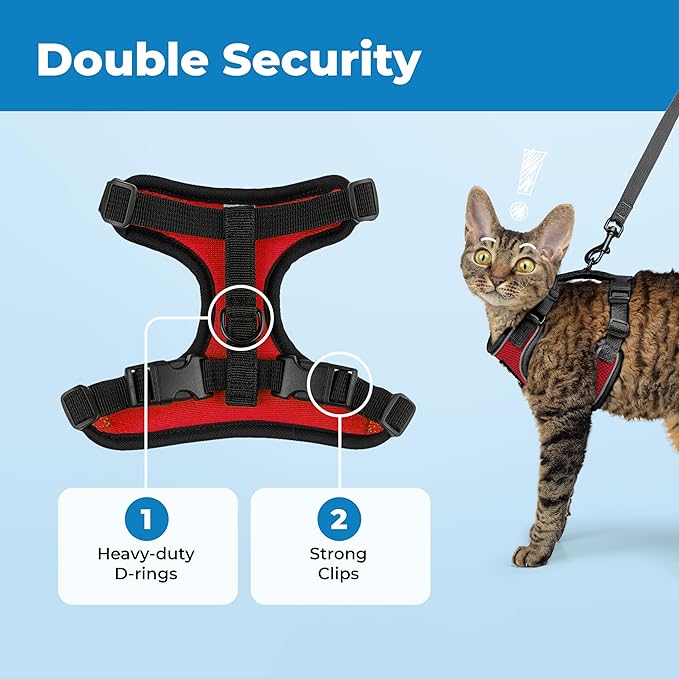 Voyager Escape-Proof Step-in Lock Cat Harness & 5ft Neoprene-Handle Leash Set All-Weather Mesh with Reflective Stitching for Small to Large Cats by Best Pet Supplies, Black Trim-Red (327), XXXS
