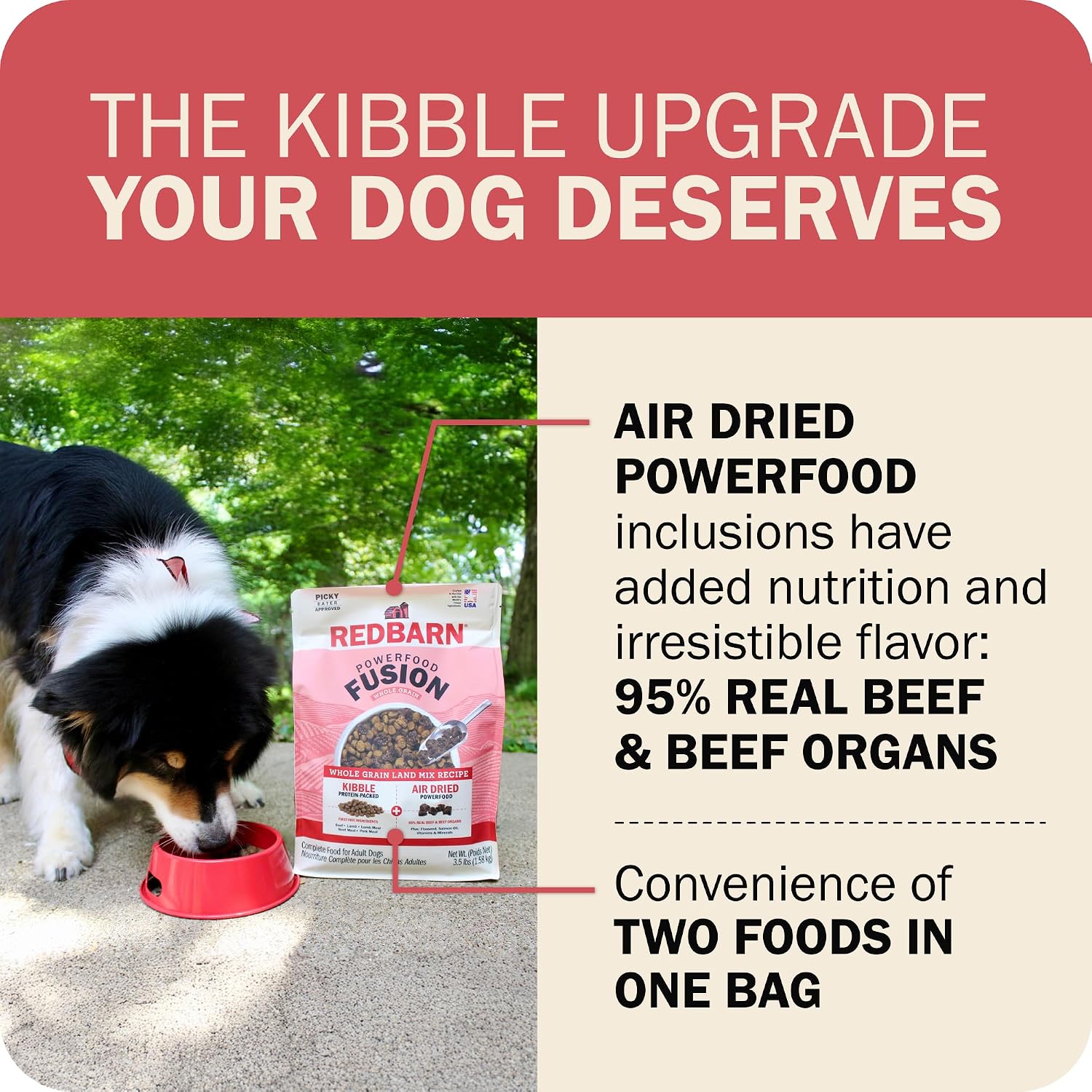 Redbarn Powerfood Fusion Air Dried Kibble Blend – Whole Grain Land Beef Lamb Recipe – Made in USA Adult Dry Dog Food with Superfoods, Prebiotics, Postbiotics - 3.5lb Bag (Pack of 2)
