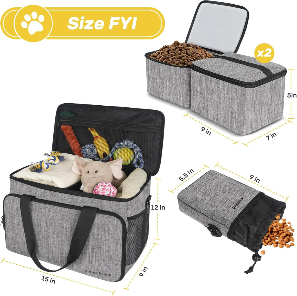 6 Set Dog Travel Bag, Large Pet Travel Kit for Supplies, Grey | Includes 2 Food Containers, 1 Pet Organizer for Dogs, 2 Collapsible Bowls, 1 Treat Pouch, Dog Weekend Overnight Bag Luggage