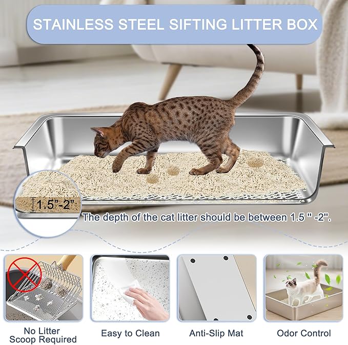 Teheao 2 Pack Stainless Steel Sifting Cat Litter Box for Clumping Litter, Kitty Large Metal Sifter Tray Pan with Cat Litter Bag, Low Dust, Odor Control, Easy Cleaning (15.7"*11.8"*5.9")