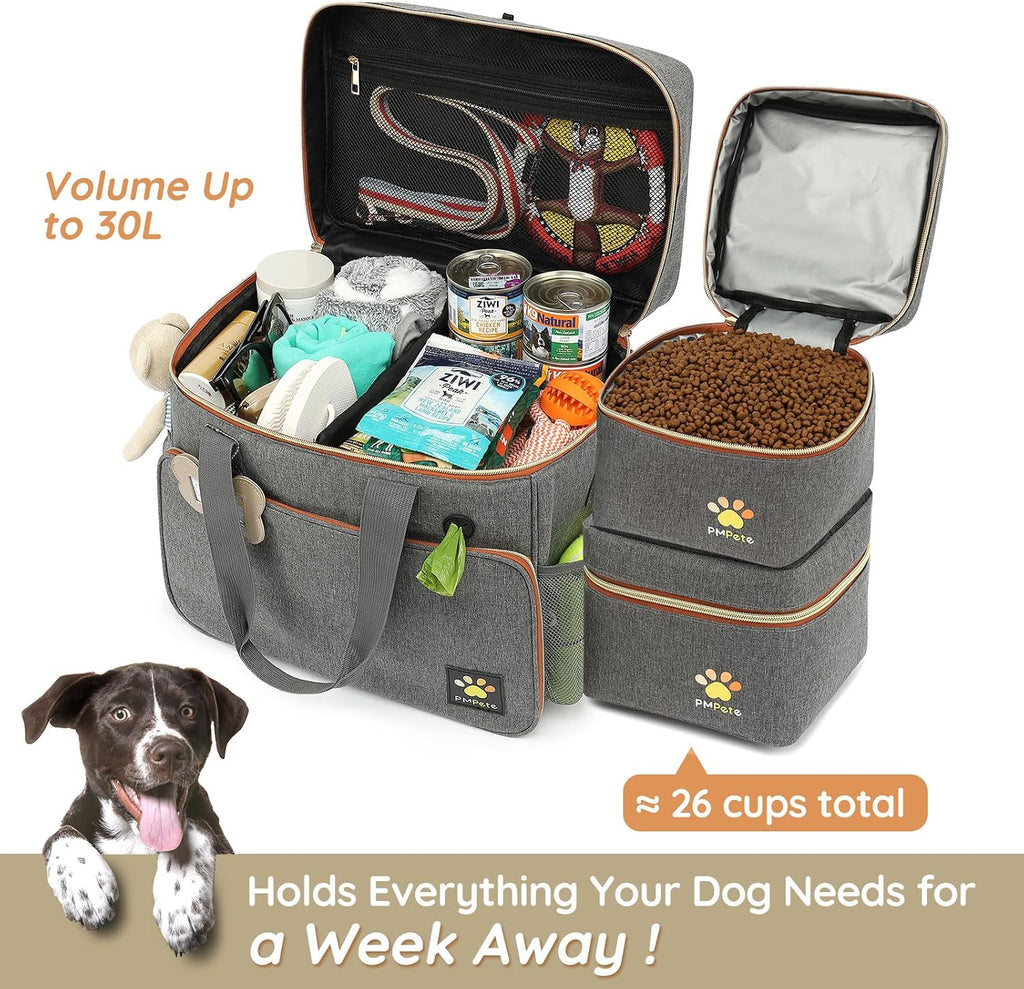 Dog Travel Bag for Traveling| Week Away/Overnight Dog Travel Accessories with Multi-Function Pockets| Travel Set for Dogs and Cats|Ideal Pet Diaper Bag and Pet Gift Kit(Grey)