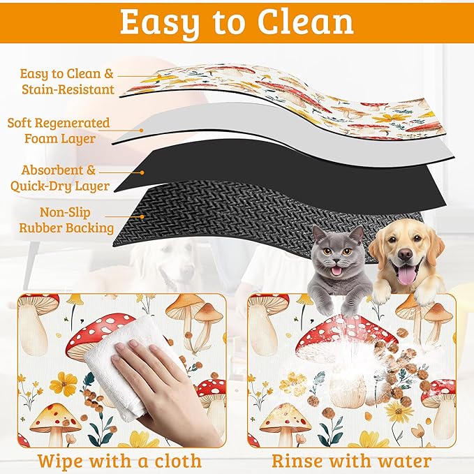 Pet Feeding Mat,Mushroom Absorbent Dog Cat Food Mat Flowers Dog Mat with Rubber Backing,Non-Slip Water Bowl Placemat,Pet Supplies 16" x 24"