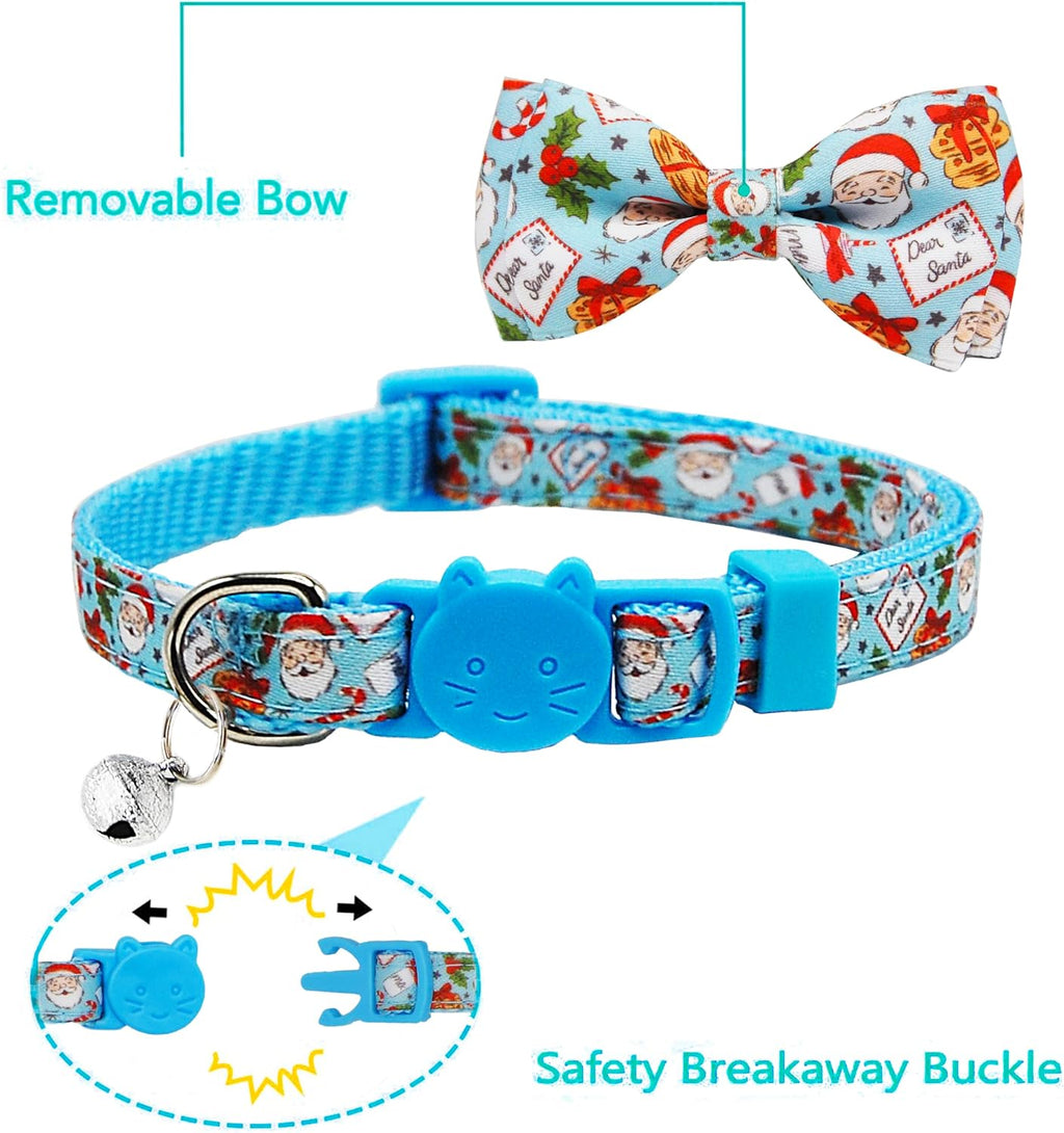 Christmas Cat Collar 2-Pack - Cute Santa & Cookies Holiday Collars with Removable Bow Tie & Bell, Adjustable Breakaway Safety Buckle for Kitties Kittens (Pink & Blue)
