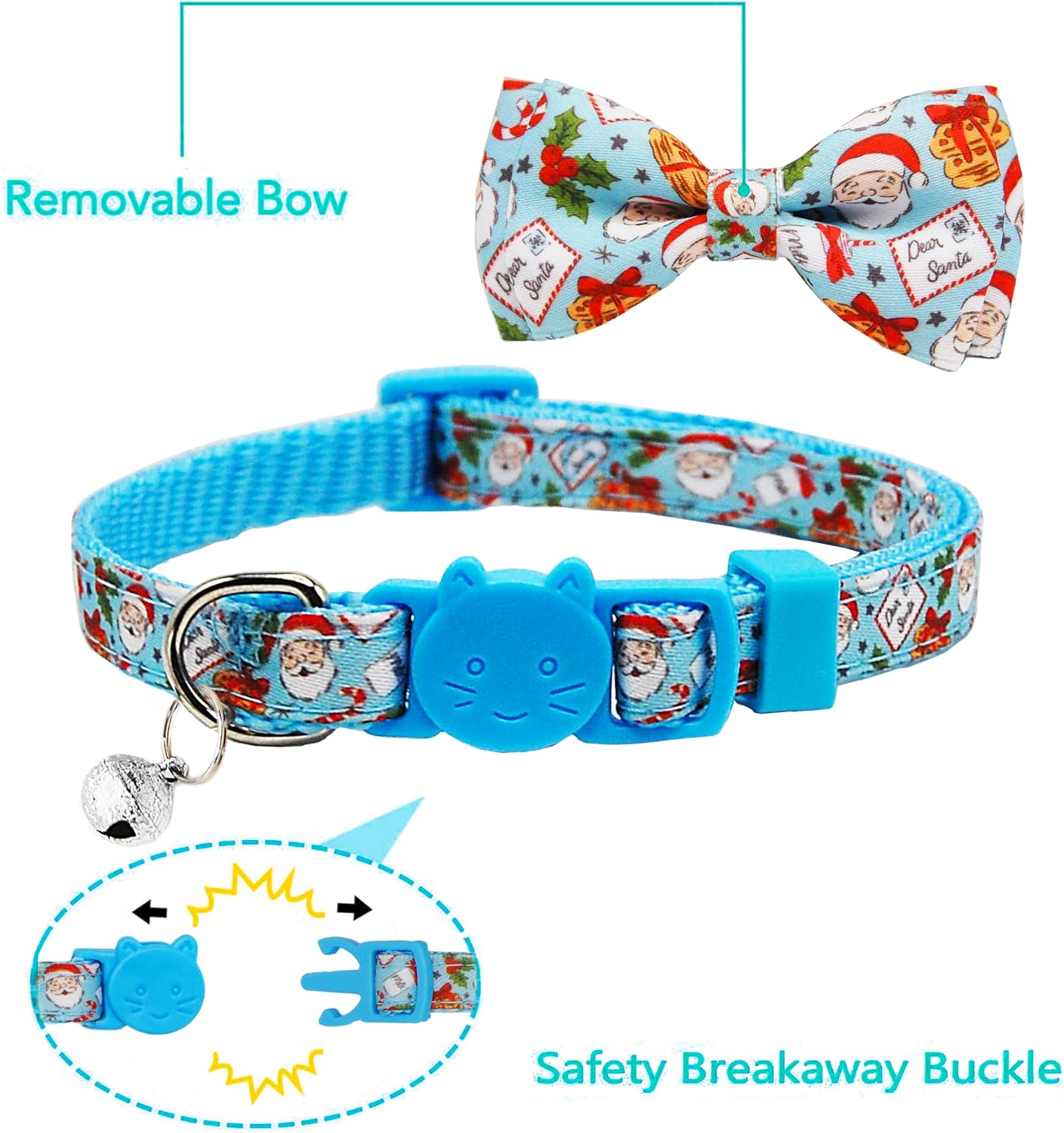 Christmas Cat Collar 2-Pack - Cute Santa & Cookies Holiday Collars with Removable Bow Tie & Bell, Adjustable Breakaway Safety Buckle for Kitties Kittens (Pink & Blue)
