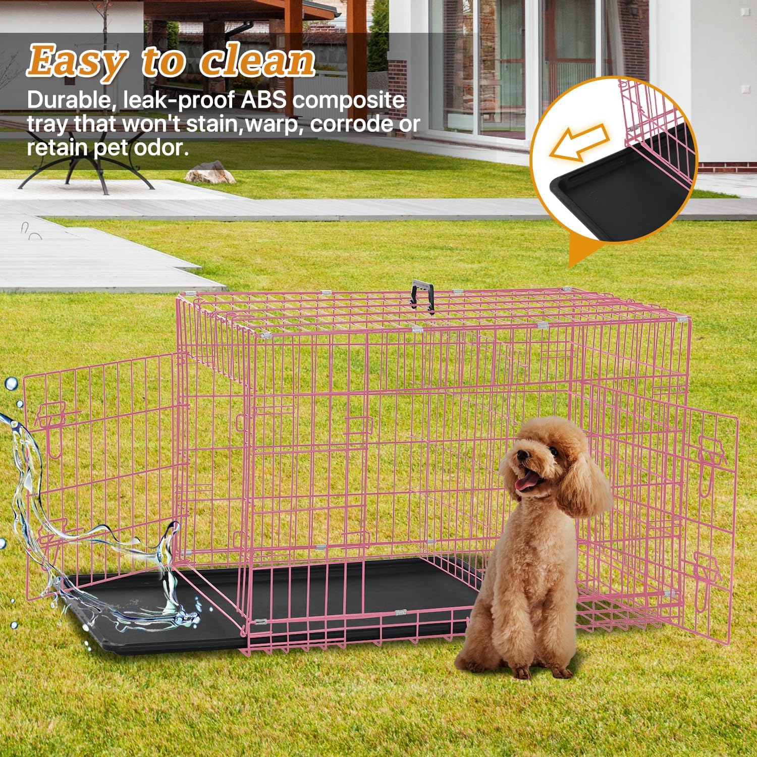 Dog Crate Dog Kennel Cage for Small Dogs, 24" Portable Foldable Indoor Outdoor Large Double Door Wire Metal Puppy Cat Pet Dog Cage with ABS Tray LC & Divider, Pink
