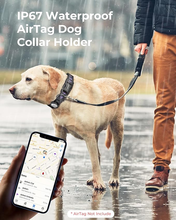 Dog Collar with Airtag Holder, IP67 Waterproof Reflective AirTag Dog Collars for Medium & Large Dogs, Adjustable Pet Collar with Twist-Lock Holder & Green Glow for Night (XL, 18.1"-27.95", Black)