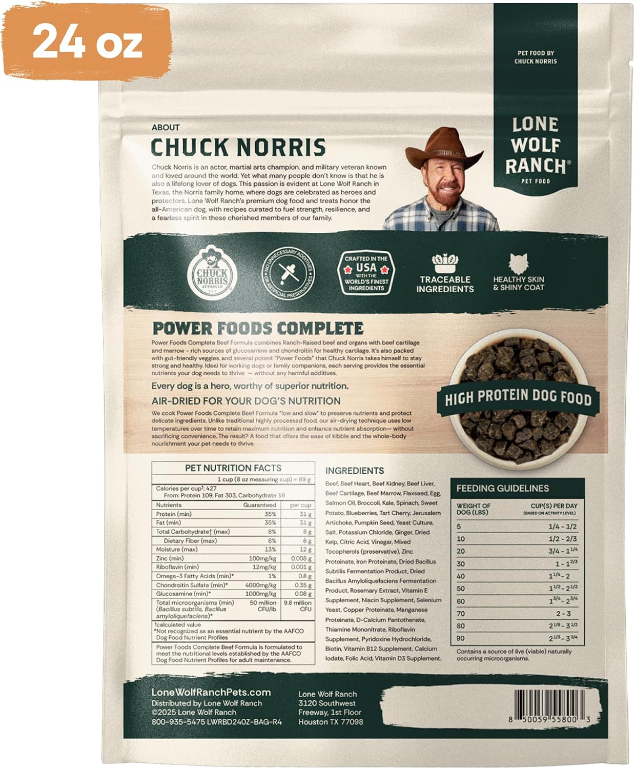 Chuck Norris Power Foods Complete Air-Dried Dog Food, High-Protein Recipe with Superfoods, Glucosamine, Probiotics & Postbiotics for Full-Body Adult Dog Nutrition, Beef 24oz
