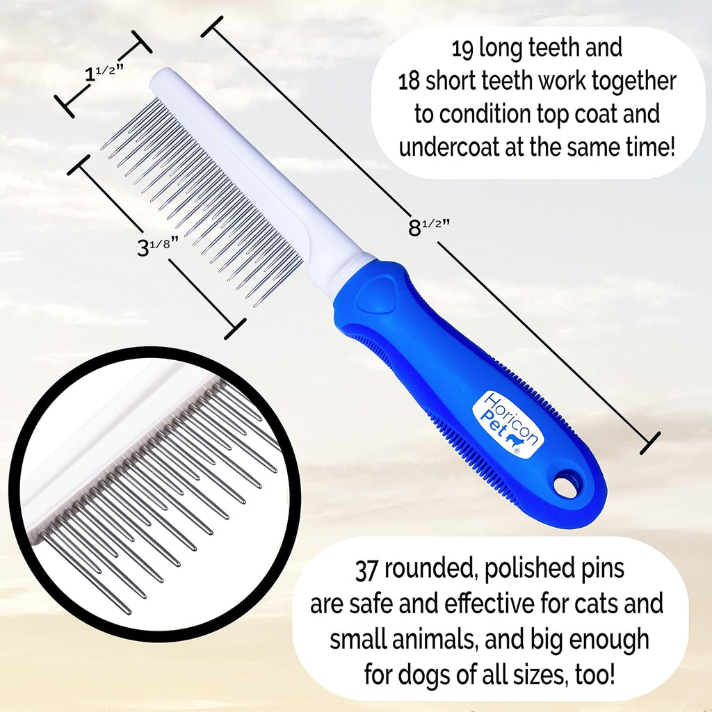 Detangling Dog Comb with Long & Short Stainless Steel Metal Teeth - Dogs, Cats & Small Animals for Removing Matted Fur, Knots & Tangles