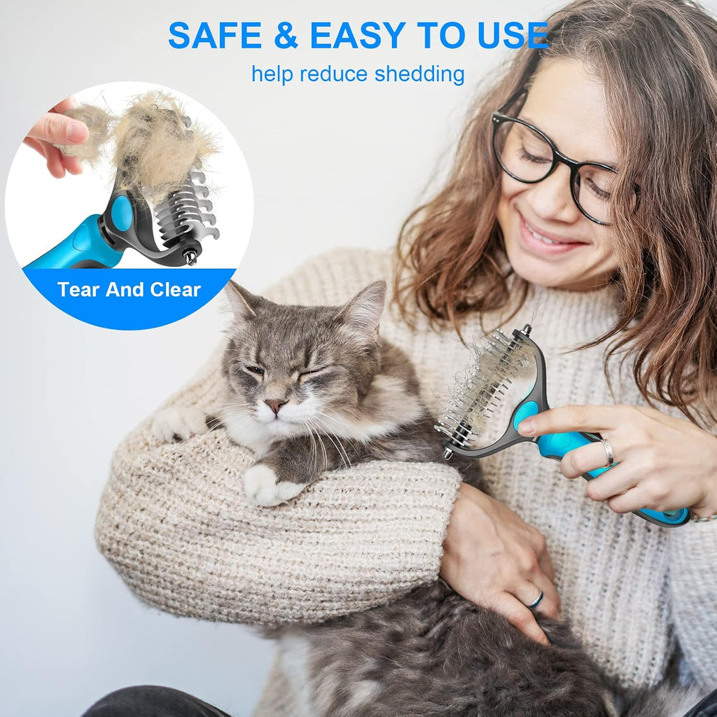 Pet Grooming Brush, Double Sided Shedding and Dematting Undercoat Rake Comb for Dogs & Cats, Tools for Mats & Tangles Removing, Safe, Effective, Extra Wide, Comfort