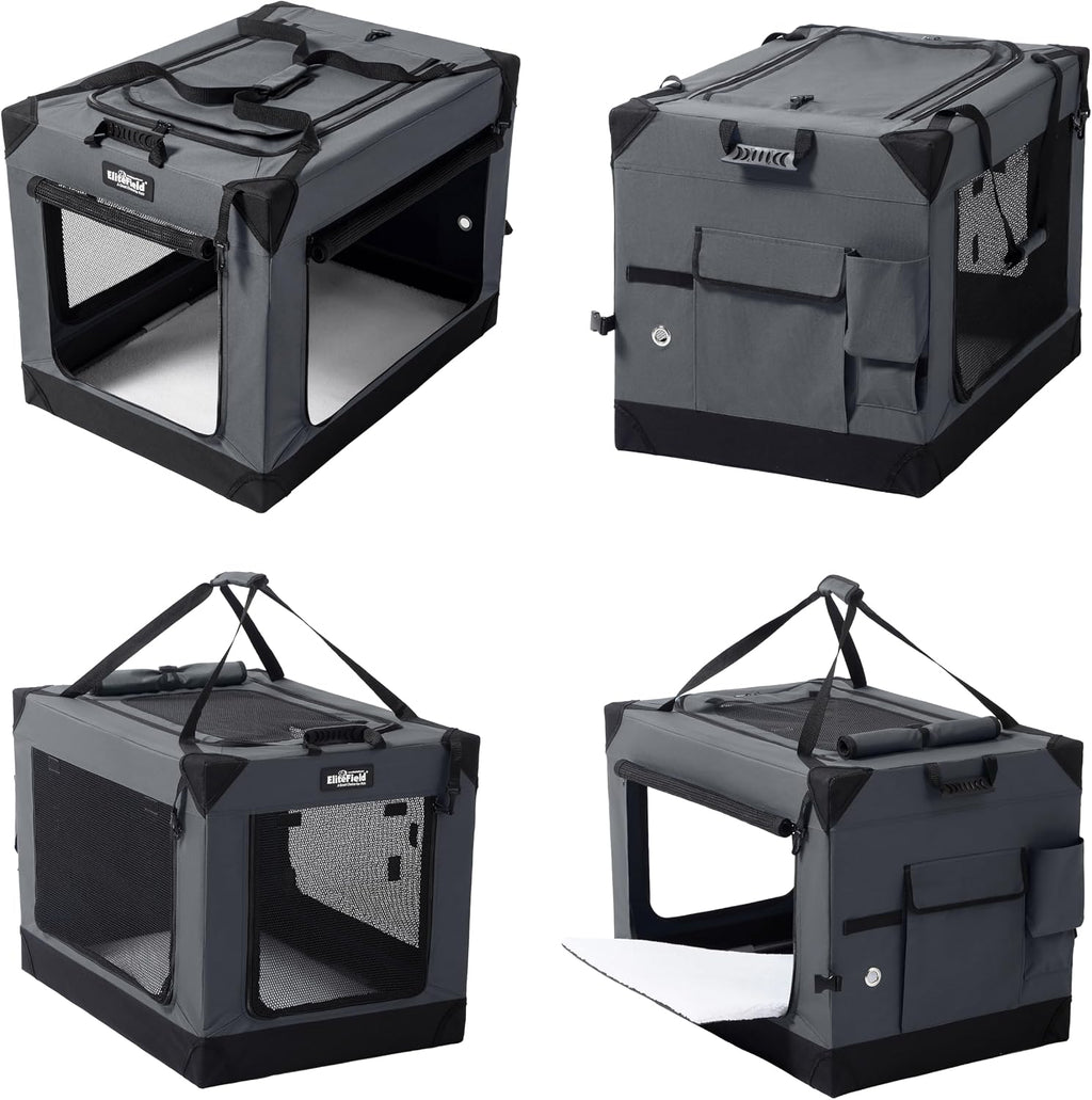 EliteField 4-Door Folding Soft Dog Crate, Aluminum Frame (2-Year Warranty) | Top Curtain, Washable Crate & Bed Covers, Backpack Carrying Bag, Indoor/Outdoor, Storage Pockets, Zipper Locks