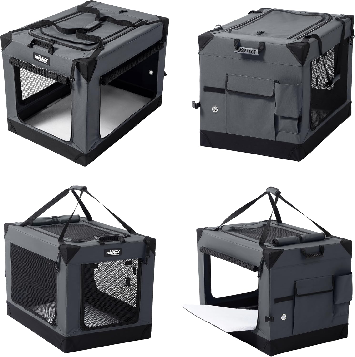EliteField 4-Door Folding Soft Dog Crate, Aluminum Frame (2-Year Warranty) | Top Curtain, Washable Crate & Bed Covers, Backpack Carrying Bag, Indoor/Outdoor, Storage Pockets, Zipper Locks