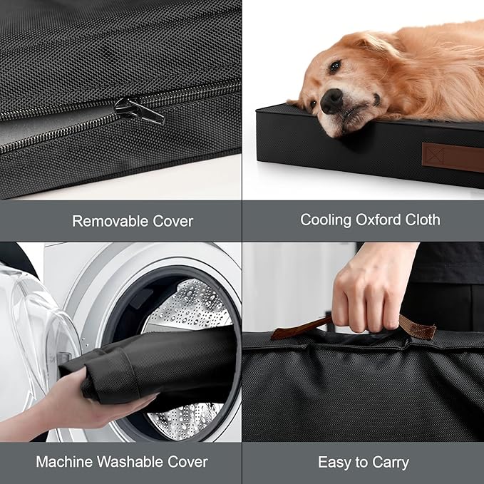 Outdoor Large Washable Dog Bed, Orthopedic Egg Crate Foam Dog Crate Mat for Large Dogs with Removable Oxford Cooling Cover, Black