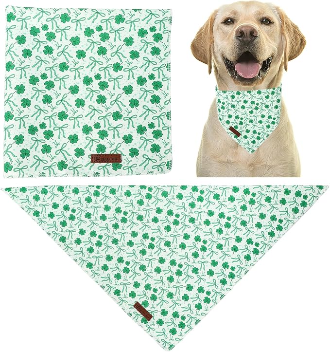 St. Patrick's Dog Bandana, UP URARA PUP Shamrock Triangle Bid, Clover and Bow Pattern Scarf for Medium Large Dogs, Cotton Kerchief for Girl Boy Puppies, Cute Spring Green Bandana,S