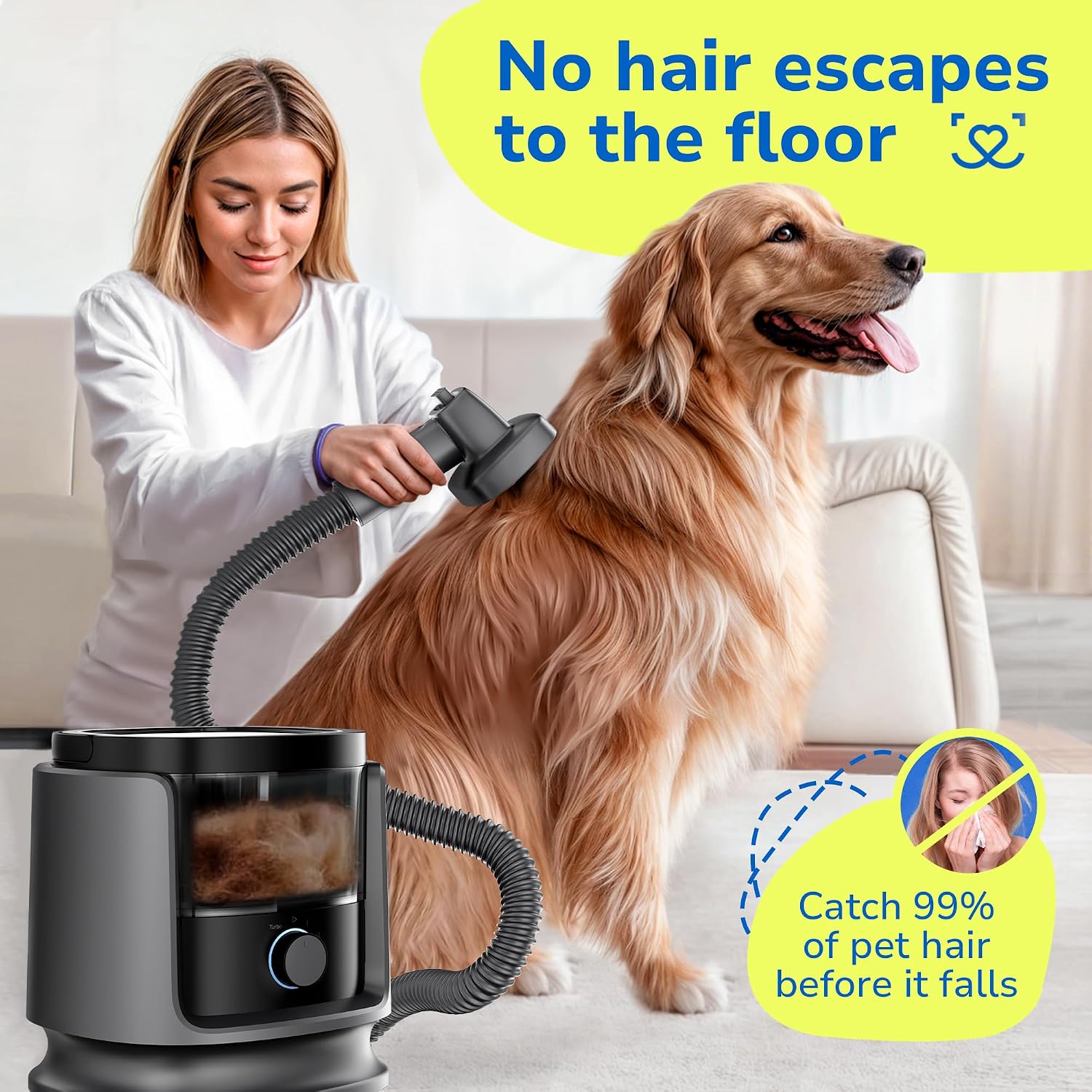 PET'S DREAM Dog Grooming Vacuum Kit, 3.5L Dust Cup, Low Noise, 4 Suction Modes, HEPA Filter, Black, For Dogs