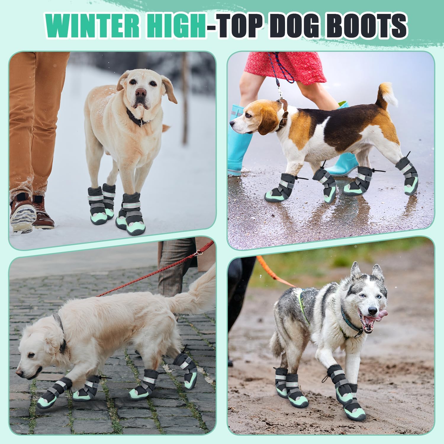 SlowTon Dog Boots - High Top Waterproof Warm Fleece Lined Dog Winter Shoes | Dog Snow Booties with Non-Slip Rubber Sole for Outdoor Walking Hiking Rain, Paw Protector for Large Small Medium Dog, Green 2