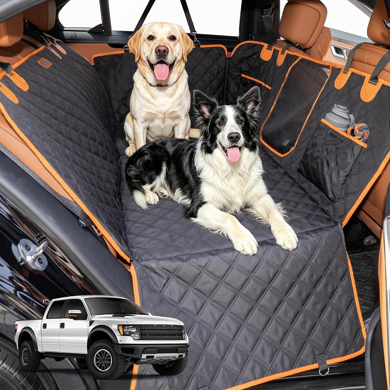 Hard Bottom Waterproof Dog Seat Cover Hammock for Full Size Truck | 900D Oxford bite-proof & waterproof. 35D sponge pad protects dog joints. Extra-wide hard bottom supports 600lbs. Mesh window